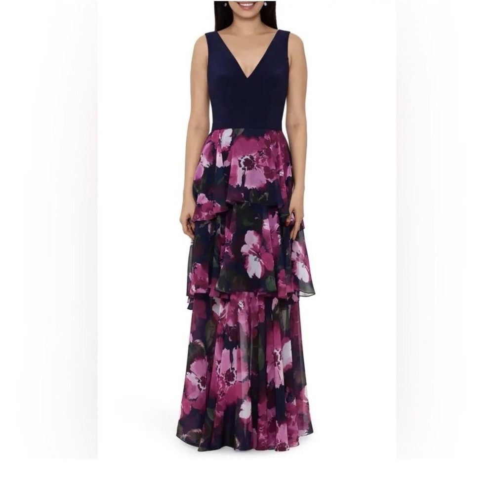 Xscape Navy & Magenta Floral Tiered Maxi Dress